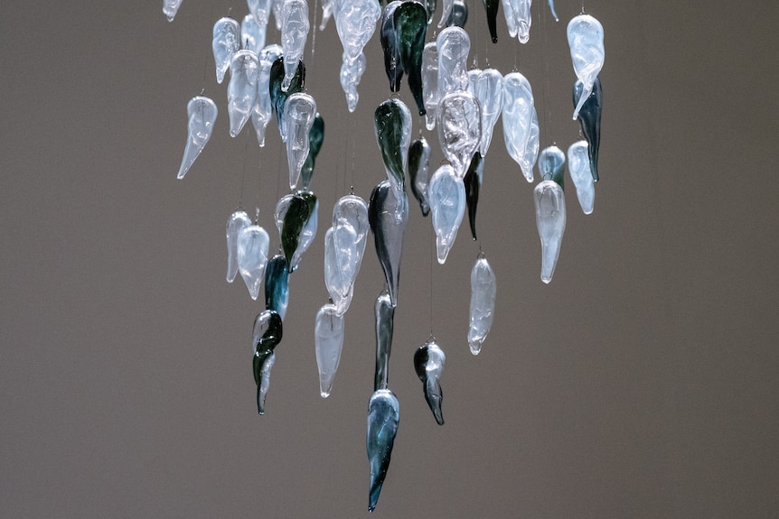 Detail of Thunder Raining Poison, artwork with 2,000 hand-blown glass yams, by Yhonnie Scarce