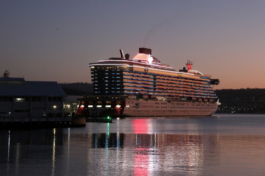 A huge cruise ship berthed at a wharf in the early morning light.