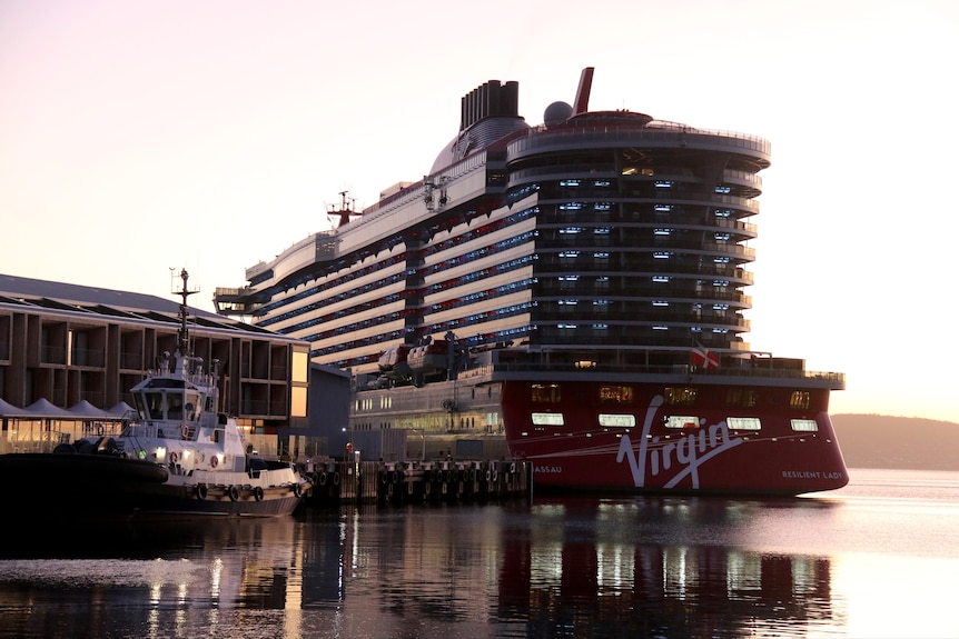 A huge cruise ship berthed at a wharf in the early morning light.