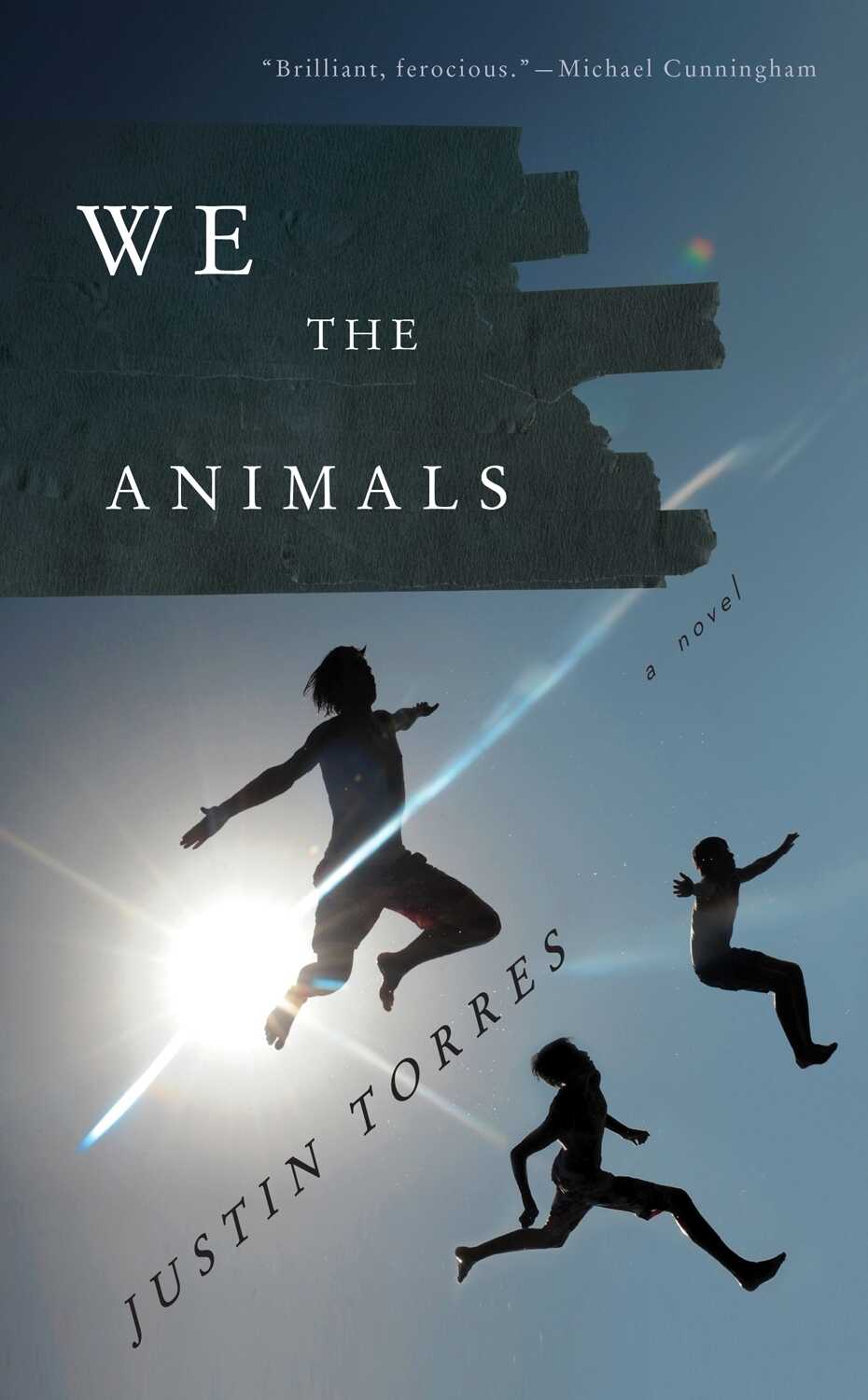 Book cover for We the Animals by Justin Torres, showing three boys jumping in midair.